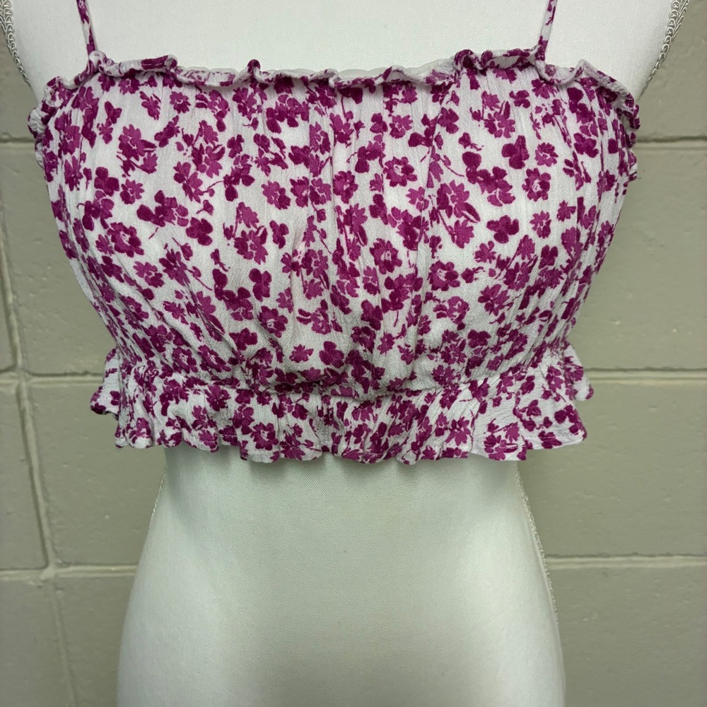 Sky to Moon CropTop Women Small Floral Ruffle Tie Back Spaghetti Strap Coquette